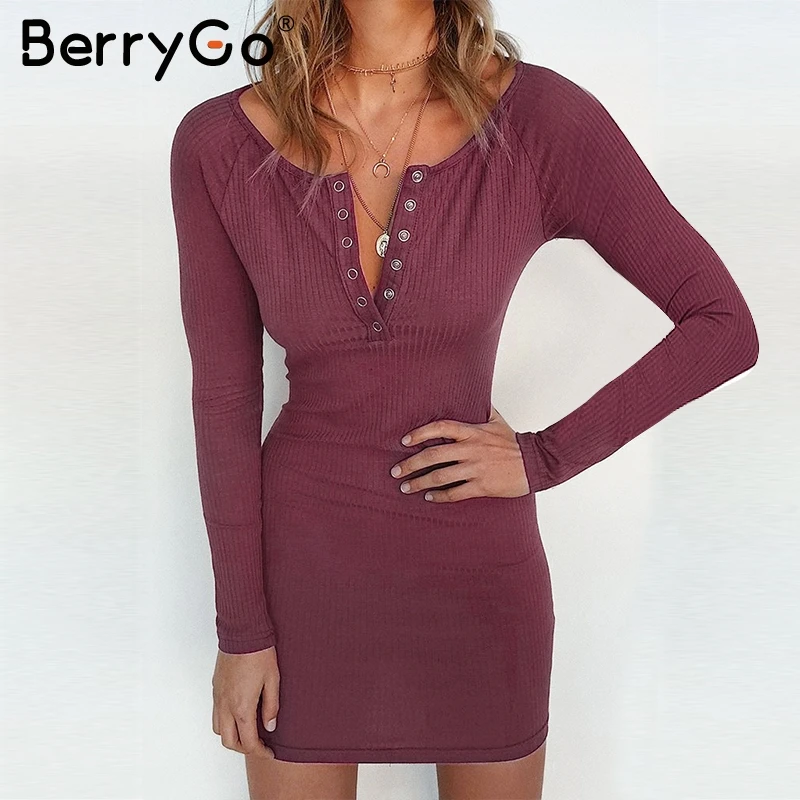BerryGo красный вязаный bodycon сексуальное платье Для женщин Длинные рукава Осень мини