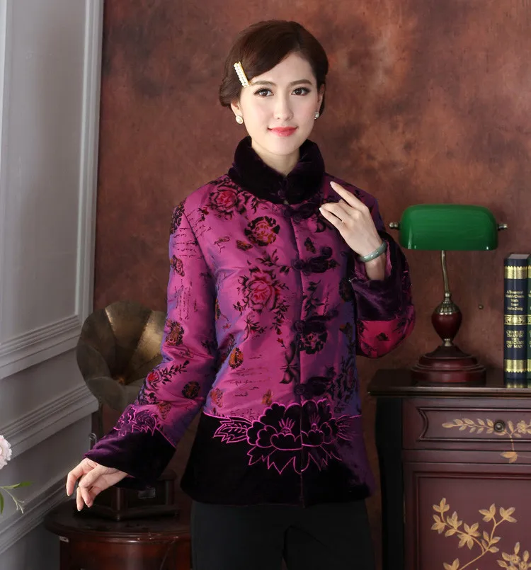 Новая Китайская традиционная Женская зимняя велюровая стеганая куртка с цветочной вышивкой, пальто M L XL XXL 3XL 4XL TF 016