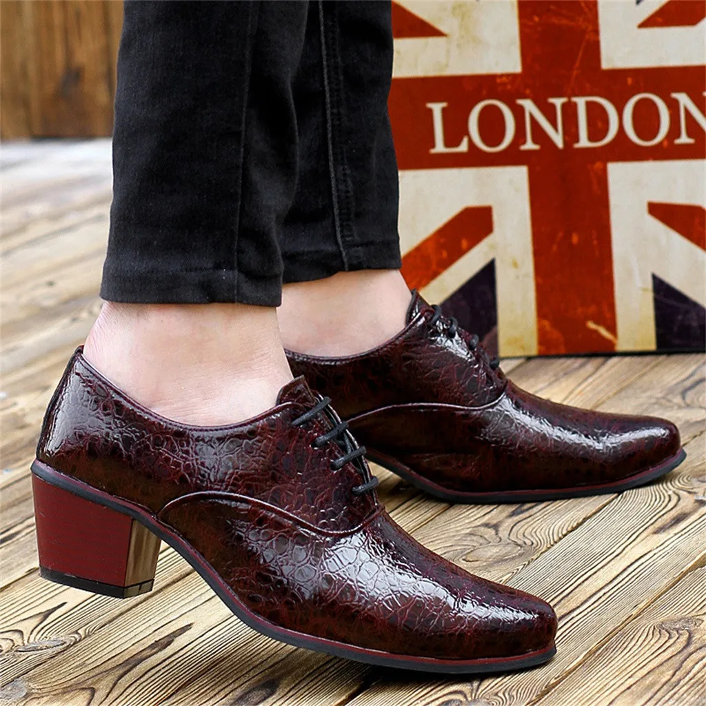 Men Pointed Toe leather shoes Lace-Up Alligator Pattern Busines Dress shoes British style High heel Male Wedding shoes 7.11