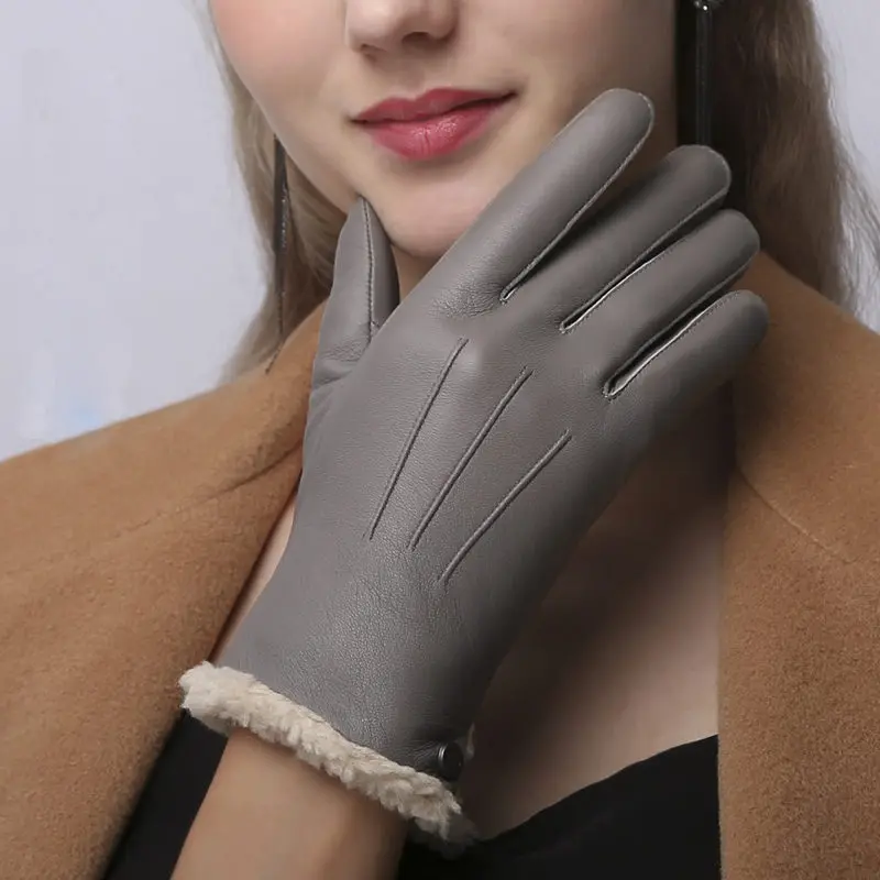 Высококачественные женские перчатки из натуральной кожи, осенне-зимние теплые бархатные Модные Простые перчатки из овчины, женские NW181-1 - Цвет: Серый