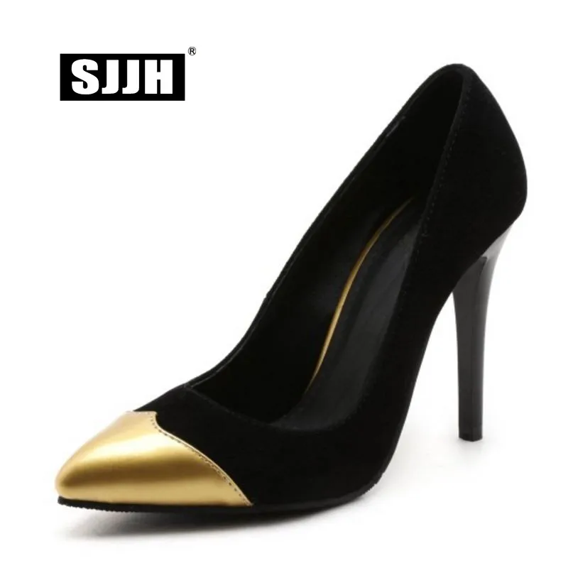 SJJH Woman Nubuck Stiletto Pumps with Pointed Toe 10cm Heels Patchwork Fashion Footwear Elegant Working OL Shoes Large Size S006