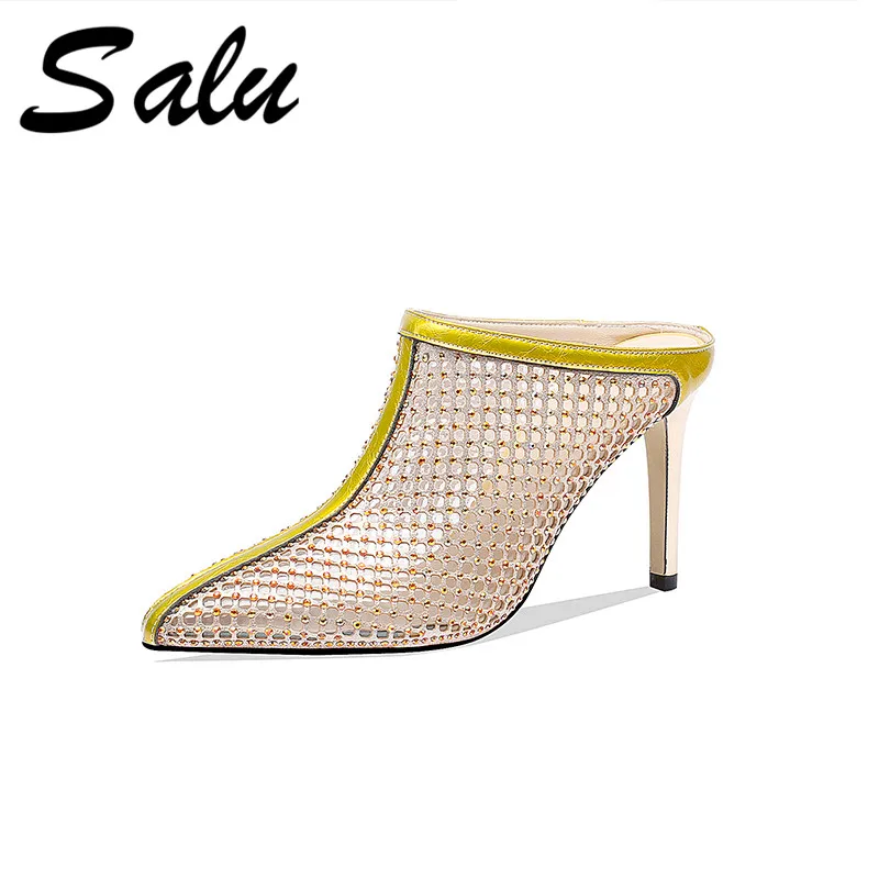 

Salu Fashion Elegant Women Sandals 2019 Summer Leather Women Sandals Pointed Toe High Heels Party Wedding Shoes Woman Gold