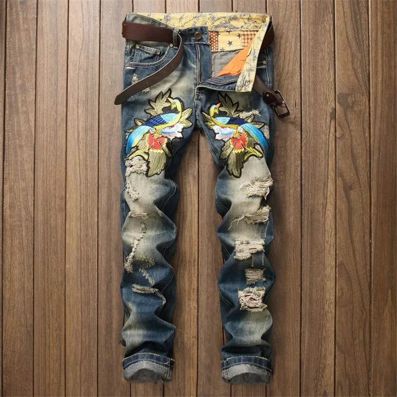 

SOSOO Phoenix Distressed Patchwork Men Jeans Scratched Biker Jeans Rap Ripped Denim Straight Slim Fit Casual Fear of god Pants