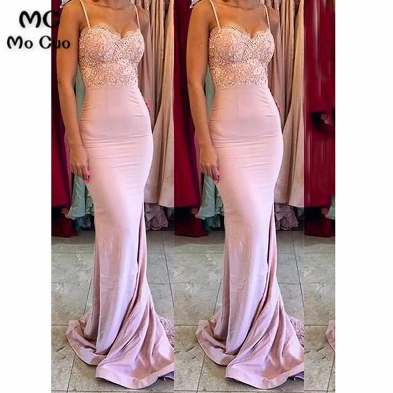 Stylish Mermaid Spaghetti Straps Pink Satin Long Bridesmaid Dress with Appliques4