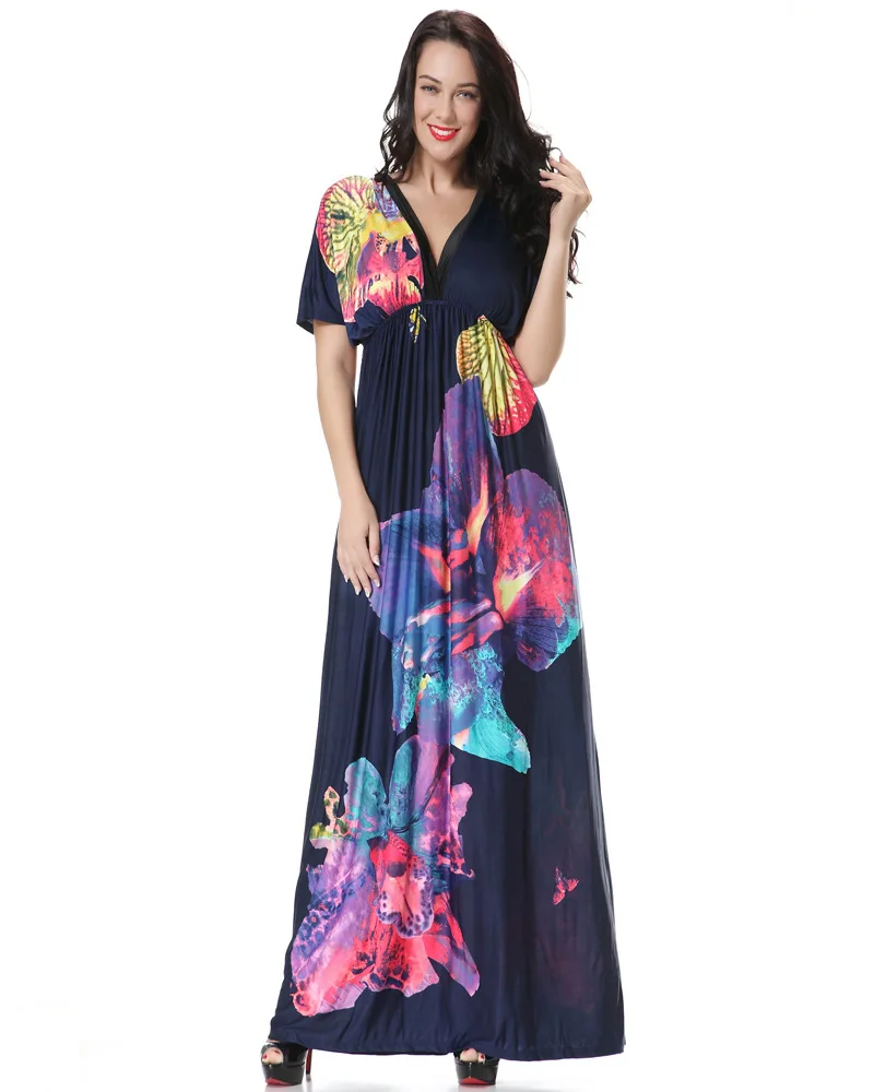 

TUHAO Bohemian Dress Summer Beach Women's Dresses Maxi Batwing Sleeve Print Sexy Loose Plus Size 7XL 6XL 5XL Boho Dresses CM317