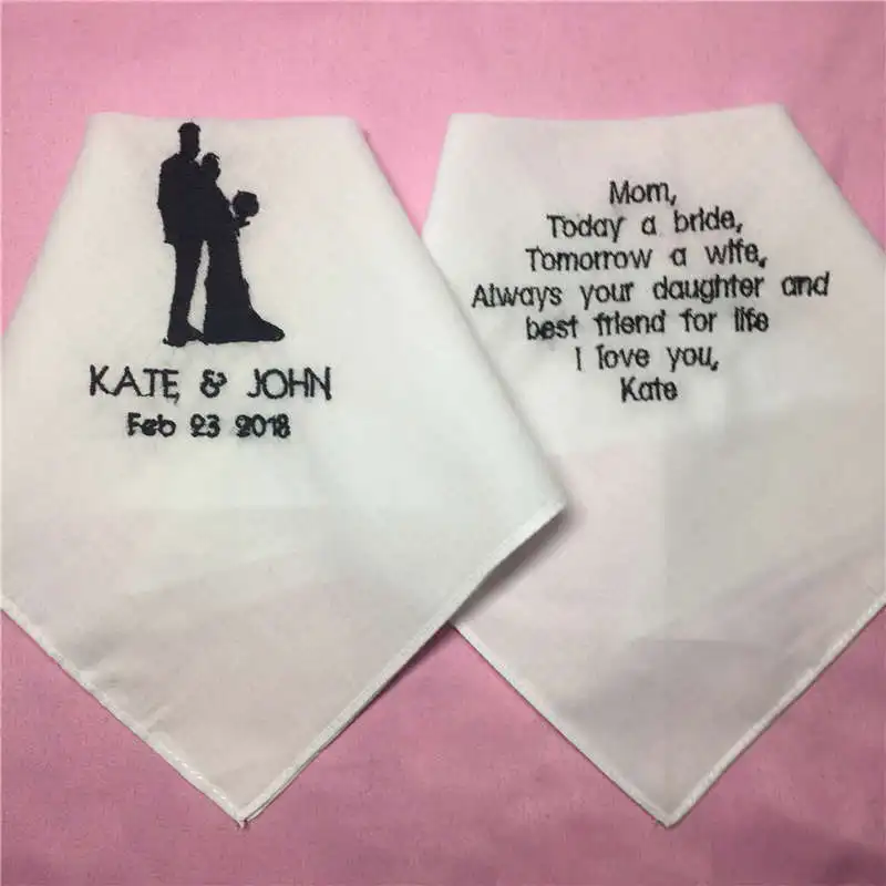 

1 Set/ 2pcs Wedding Handkerchiefs for Parents of the Bride and Groom, Embroidered Wedding Napkin and Hankie with Saying