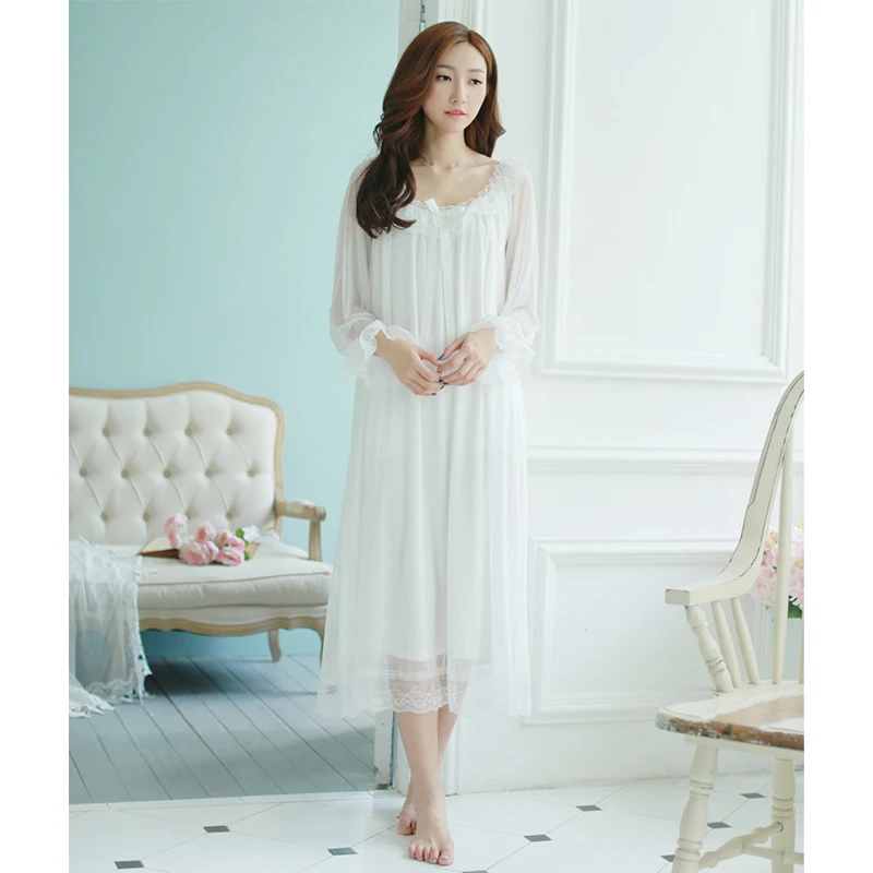 KISBINI/ летняя кружевная винтажная стильная женская ночная рубашка, ночное белье, хлопок, кружевной бант, длинный рукав, длинный стиль, ночное белье, домашняя одежда - Цвет: white