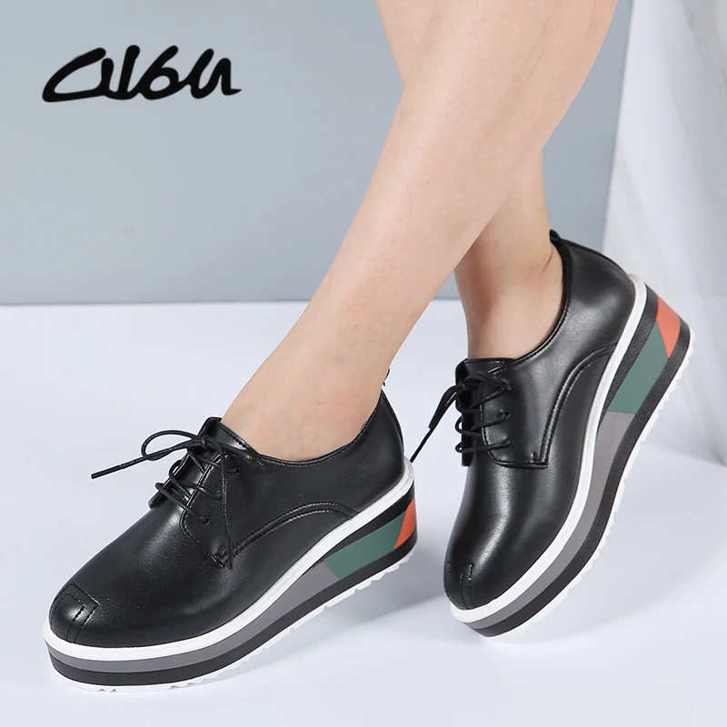 O16U Women Flat Platform Oxford Shoes Lace up PU Ladies Casual Shoes Med Heels Female fashion Shoes Creeper Autumn Free Shipping