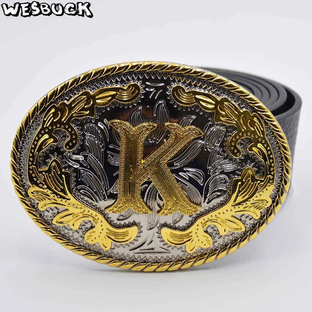 

5 PCS MOQ WesBuck Brand 3D Lace Gold K Initial Letter Cowboy Buckle With Metal Fashion Women Men's PU Leather Belt Holiday Gifts