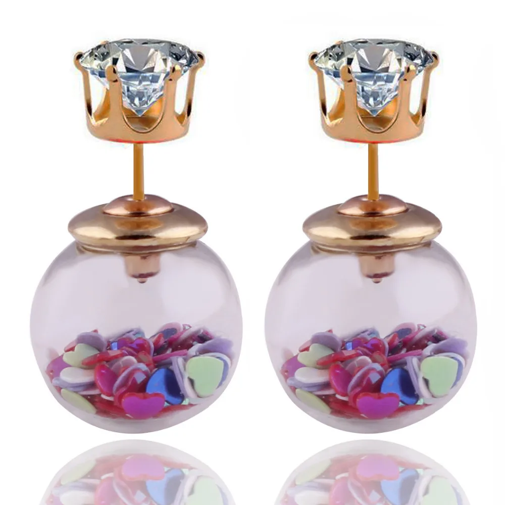 

New Design Fashion Brand Jewelry Glass Flowers Crystal Stud Earring Double Side Pearl Summer style Love Heart Earrings for Women