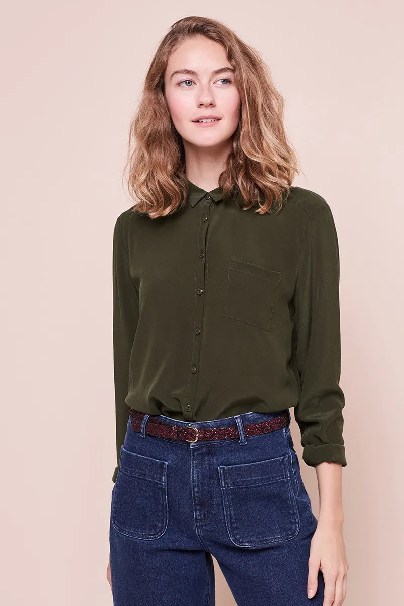 

2019 New Women 100% Silk Pocket Soft Blouse Long Sleeve Sweet Top Green,White,Black