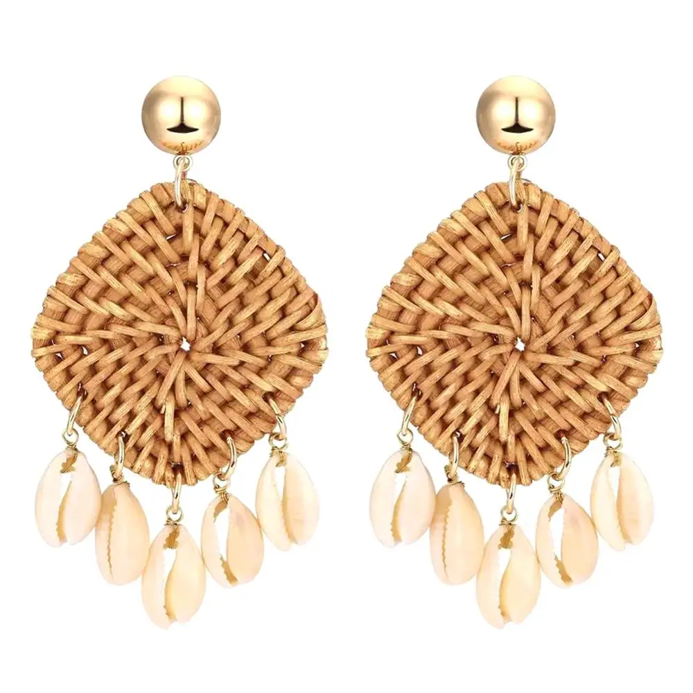 

Handmade Women Girls Straw Rattan Shell Earrings Braid Woven Dangle Earrings Jewelry Gift