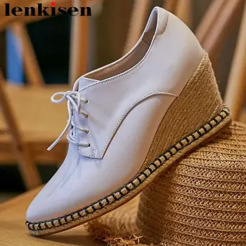 

Lenkisen handmade cow leather wedges straw platform lace up women pumps pointed toe pretty concise style high heels shoes L06