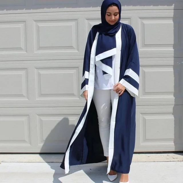 new Casual Muslim Abaya Striped Dress Scarf Cardigan Long Robes Kimono Ramadan Middle East Thobe Service Islamic Clothing - Цвет: Dark blue