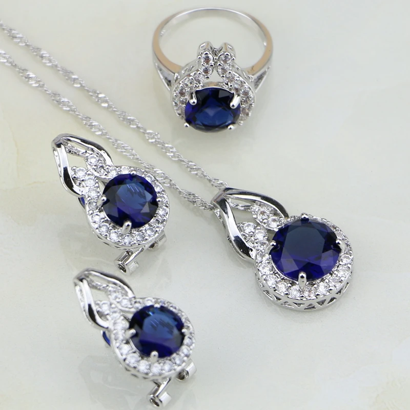 Round Shaped Blue Cubic Zirconia White CZ 925 Sterling Silver Jewelry Sets For Women Wedding Earring/Pendant/Necklace/Ring 3PCS Round Shaped Blue Cubic Zirconia White CZ 925 Sterling Silver Jewelry Sets For Women Wedding Earring/Pendant/Necklace/Ring 3PCS