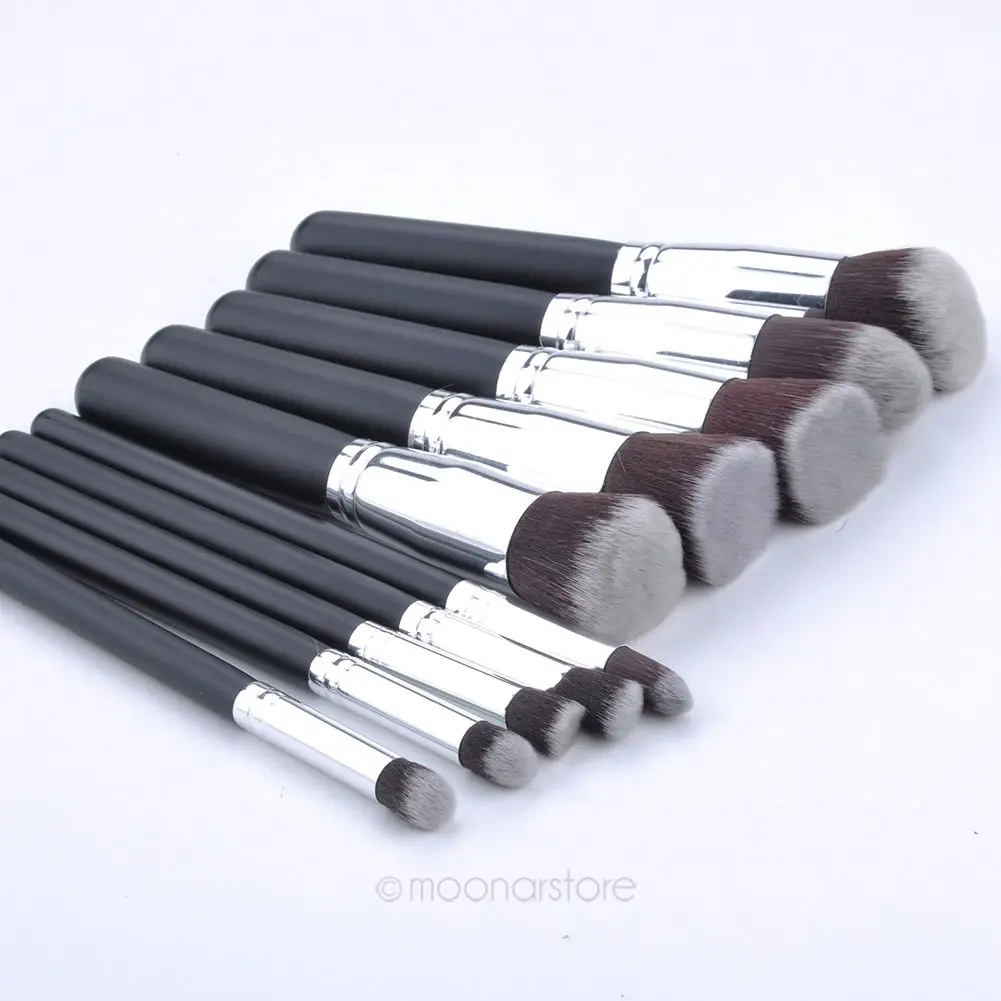 10Pcs Professional Cosmetics Foundation Blending Blush Black Silver Synthetic Soft Makeup Brush Set Tool | Красота и здоровье