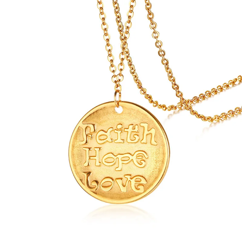 Women's Golden Faith Hope Love Pendant Necklace Stainless Steel