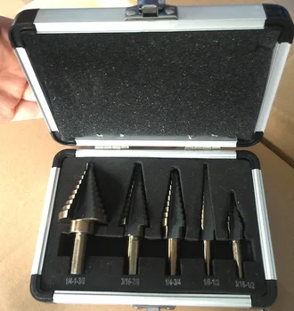 

Arrival High Quality 5pcs / Set HSS COBALT MULTIPLE HOLE 50 Sizes STEP DRILL BIT SET w / Aluminum Case