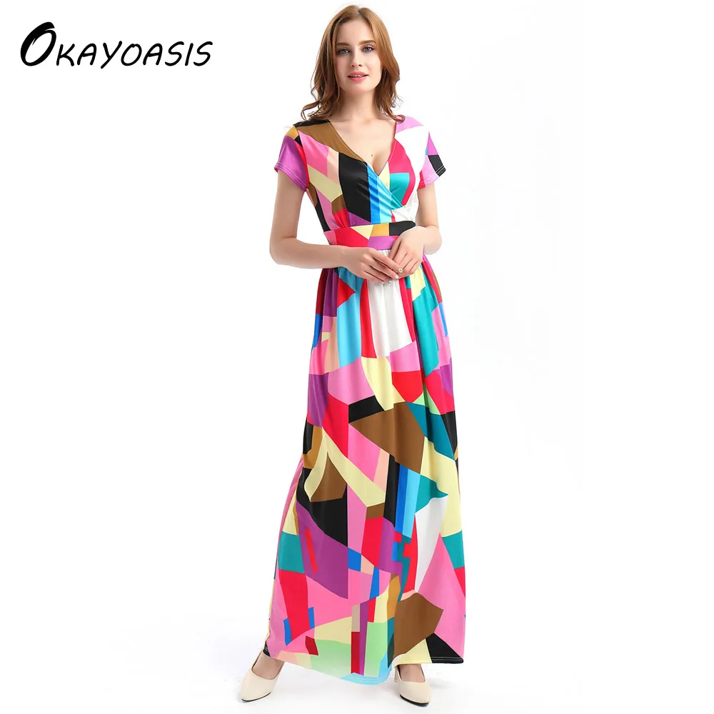 OKAYOASIS Free Shipping 5 Colors Women Flower Print Maxi Dress Short