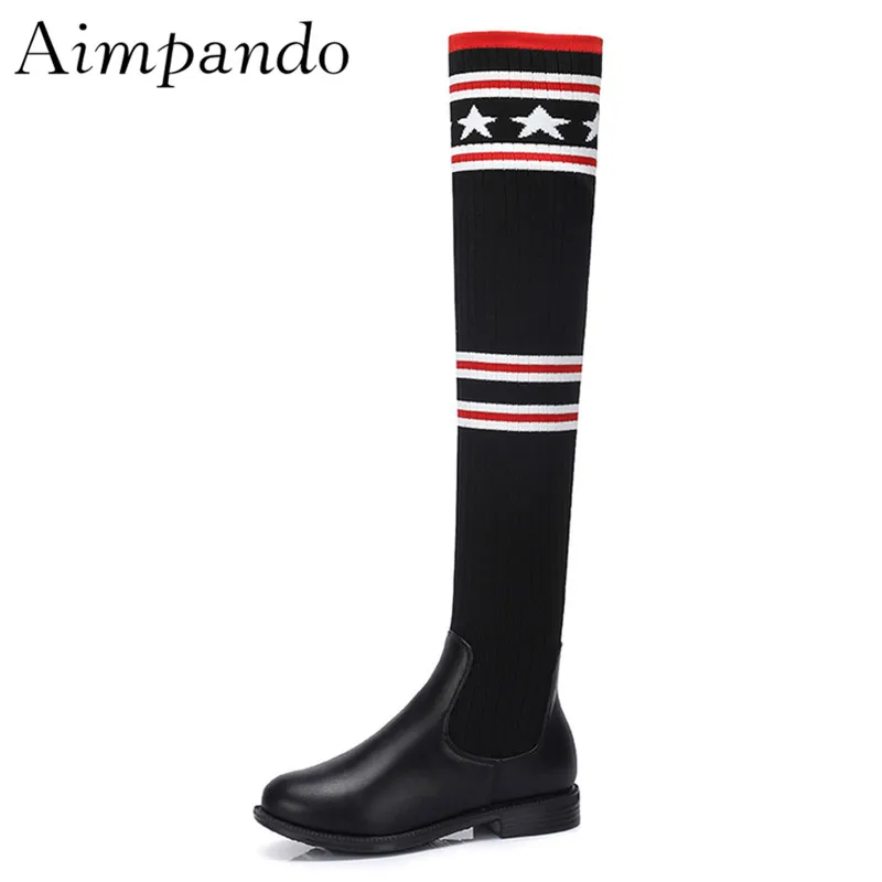 

Autumn Winter Knitting Over The Knee Boots Round Toes Low Heel Stripe Five-pointed Star Fashion Runway Boots Women