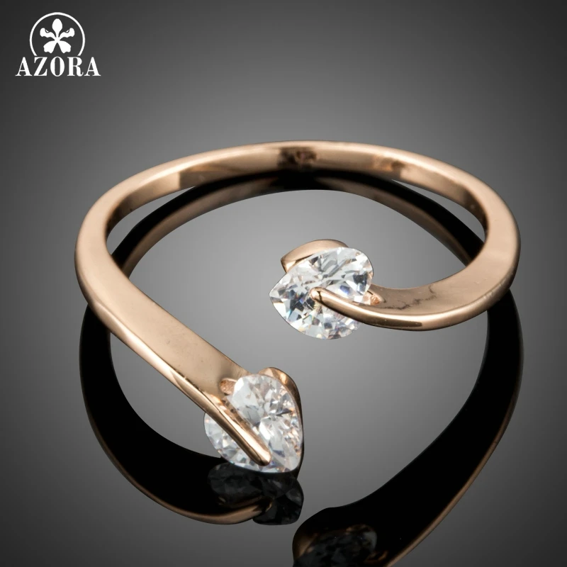 

AZORA Fashion Luxury Women Adjustable Size Rings Two Heart Clear Crystal Zircon Stone Female Wedding Gift Finger Jewelry TR0195
