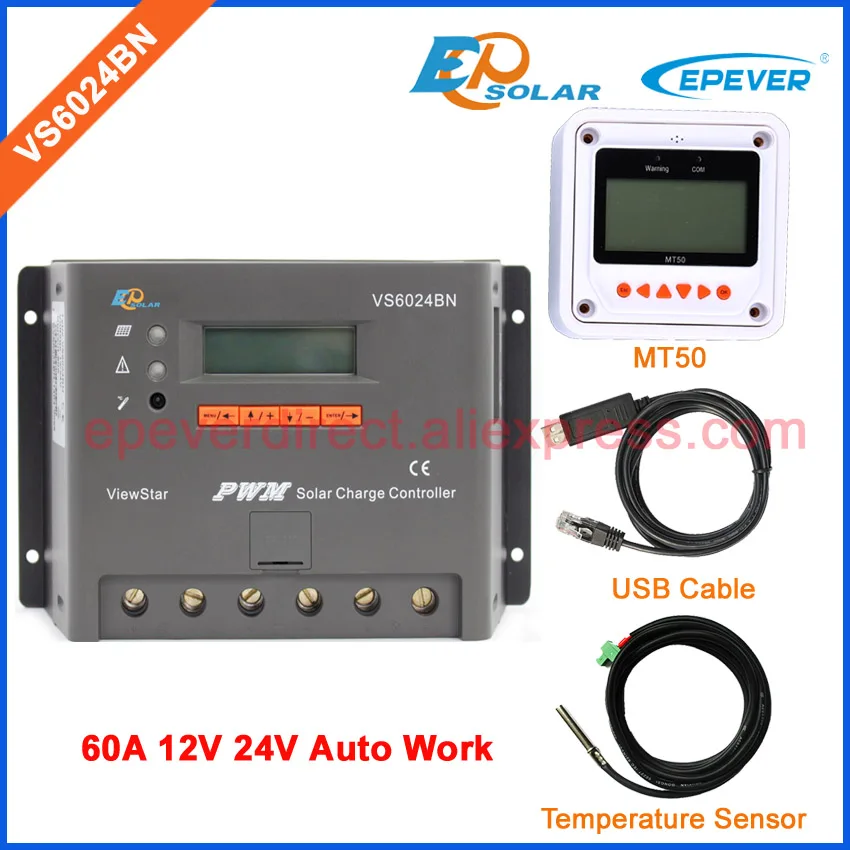 

60A EPEVER PWM EPSolar Battery Charger controller 60amp Battery charging VS6024BN USB cable and Temp sensor MT50 remote meter