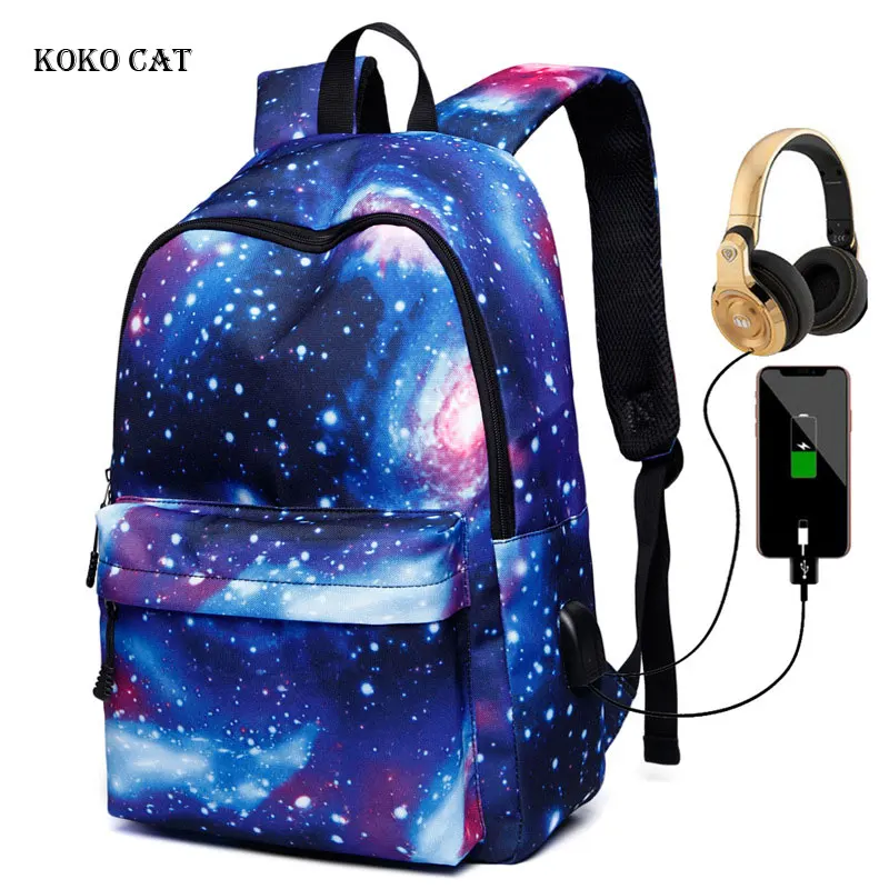 

Leisure Canvas Backpack Stylish Galaxy Star Universe Space Girls Bags USB Charging Teen Boys Travel Daypack Mochila Feminina