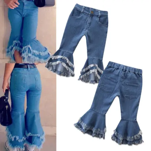 

2019 Fashion Infant Denim Flare Pant Girls Jeans Long Pants Toddler Denim Ruffle Flare Pants Trousers Slacks