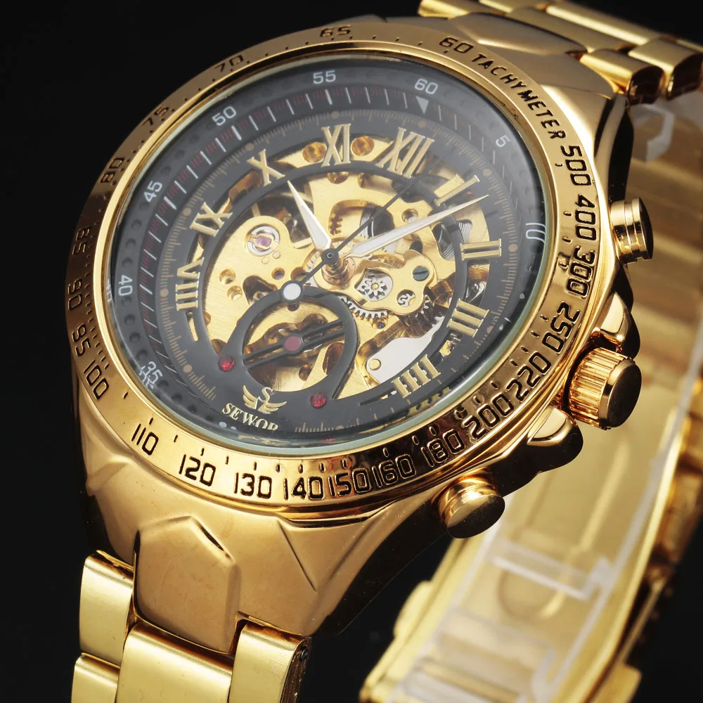SEWOR Brand Stainless Steel Strap skeleton Automatic Mechanical Analog Men Wrist Watch Fashion Wristwatch 2016 New