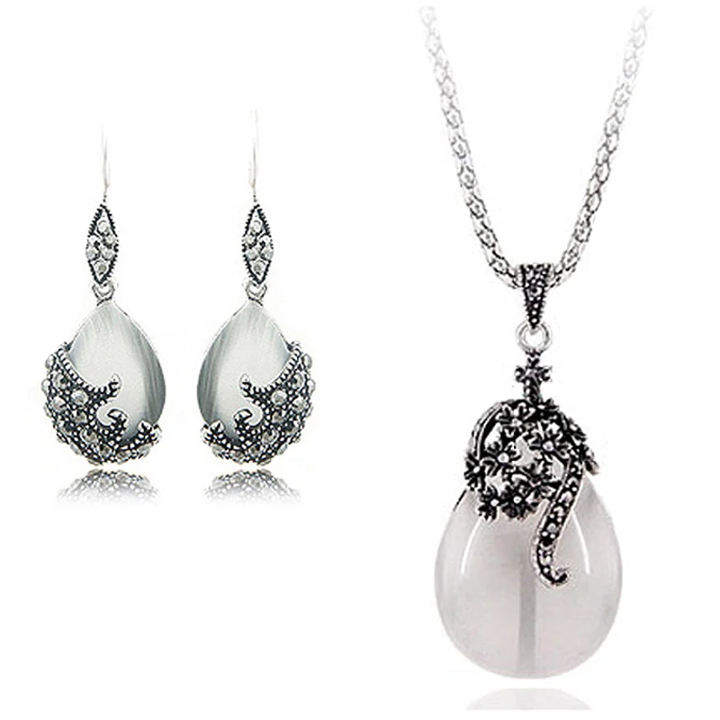 Water Drop Cat Eye Necklace Earring Set 1