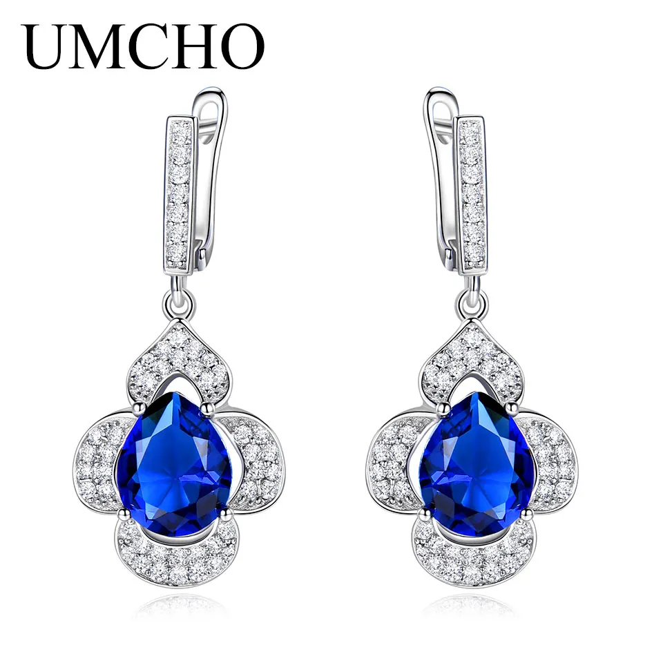 UMCHO 925 пробы серебряные серьги-клипсы с драгоценным камнем, синие сапфировые серьги для свадьбы и помолвки для женщин, хорошее ювелирное изделие - Цвет камня: Sapphire