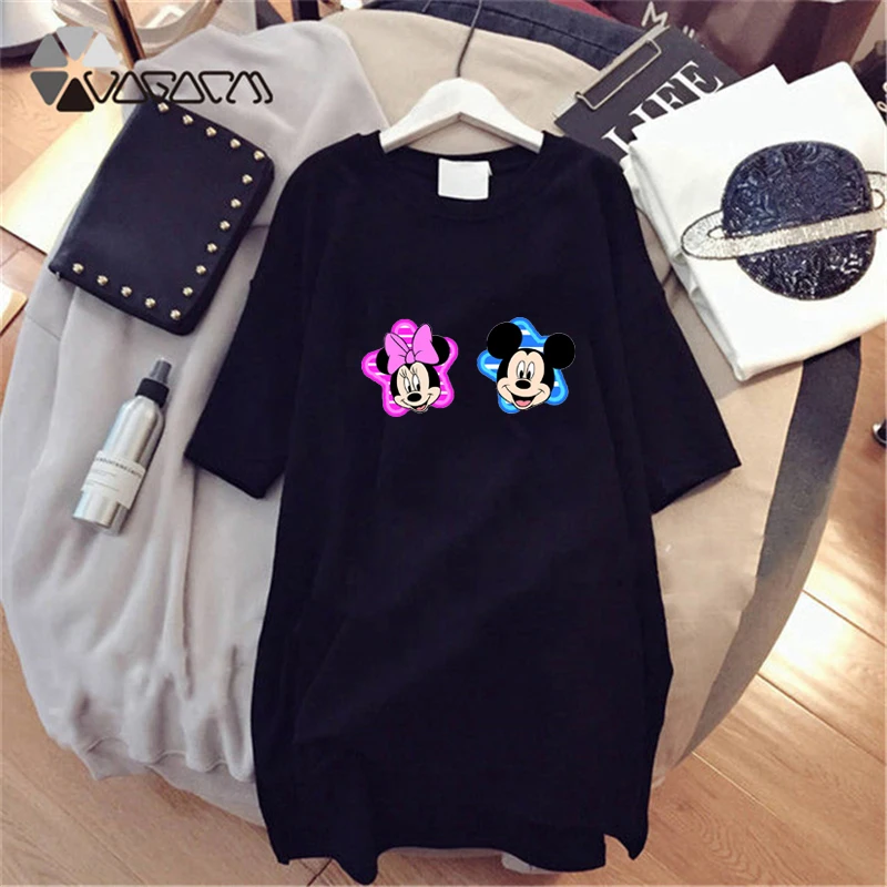 

2019 Minnie Mickey Mouse Summer Dress Short Sleeve Loose Black White Cartoon Print Casual Mini Plus Size Dresses Robe