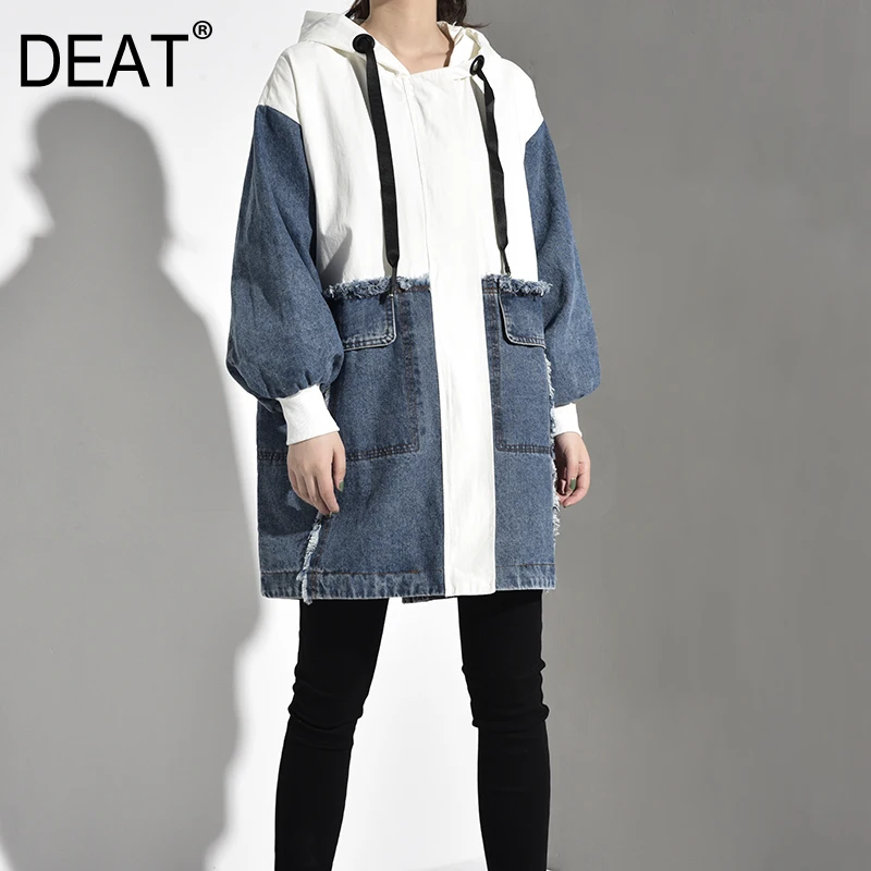 

DEAT 2019 New WINTER Autumn Hooded Long Sleeve Hit Color Denim Split Joint Loose Big Size Jacket Women Coat Fashion Tide BD4810