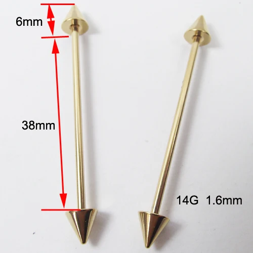 2 шт 14 г 1,6 мм длинные прямые Промышленные Штанги кольца Спайк Козелок Уха Пирсинг для Соска Кольца Бар губы ювелирные изделия для тела - Окраска металла: Gold Spike