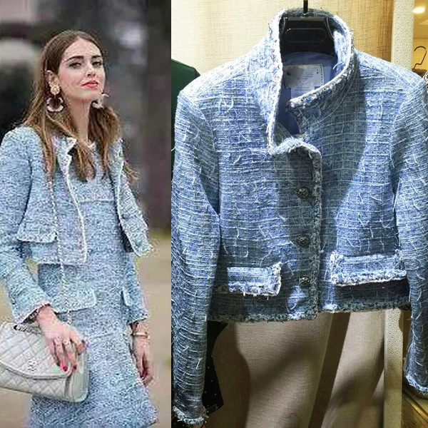 Buy Blue Cropped Short Slim Tweed Jacket 2015 Women Runway Jackets Coat Long