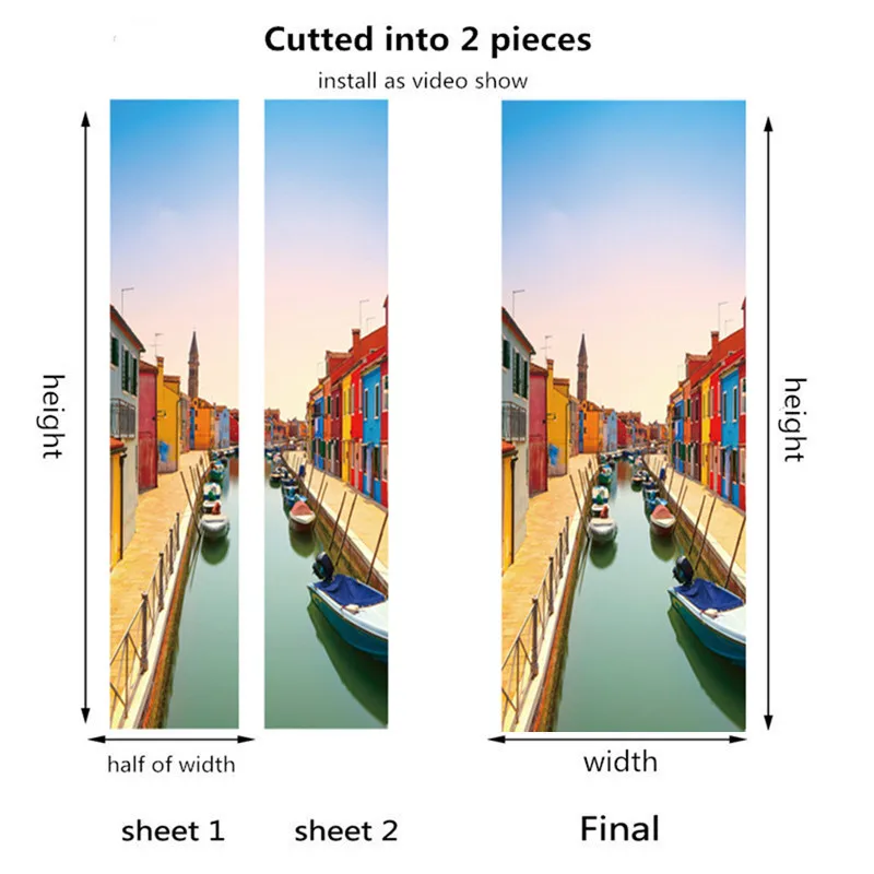 Пользовательские размеры 3D наклоняющаяся башня двери наклейки поделки ПВХ ремонт дверей дома наклейки самоклеющиеся обои для гостиной плакат - Цвет: 034-cutted into 2pcs