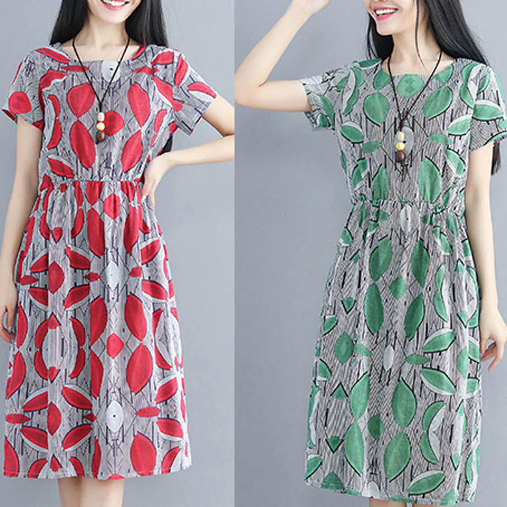 

Women Cotton Linen Short Sleeve Flowers Printing Loose Casual Summer Dress Spring Summer Autumn Vestidos