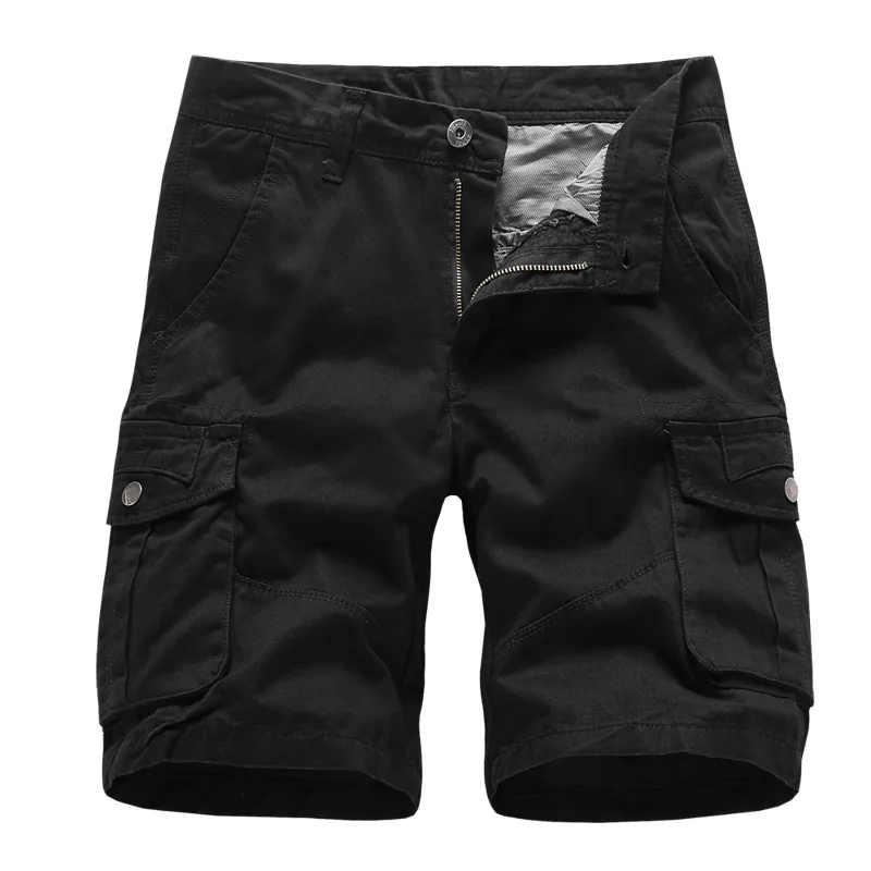Хлопковые мужские шорты Карго прямые свободные шорты милитари мужские летние повседневные Бермуды мужские спортивные штаны на молнии - Цвет: Черный