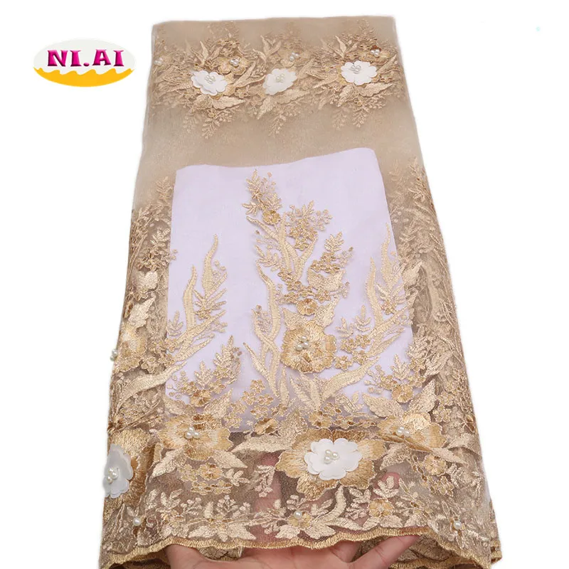 

Pearl Beading Dress Gold French Lace, High Quality Tulle Fabric Lace Nigerian Lace, African Lace Fabric Embrodered MR1528B