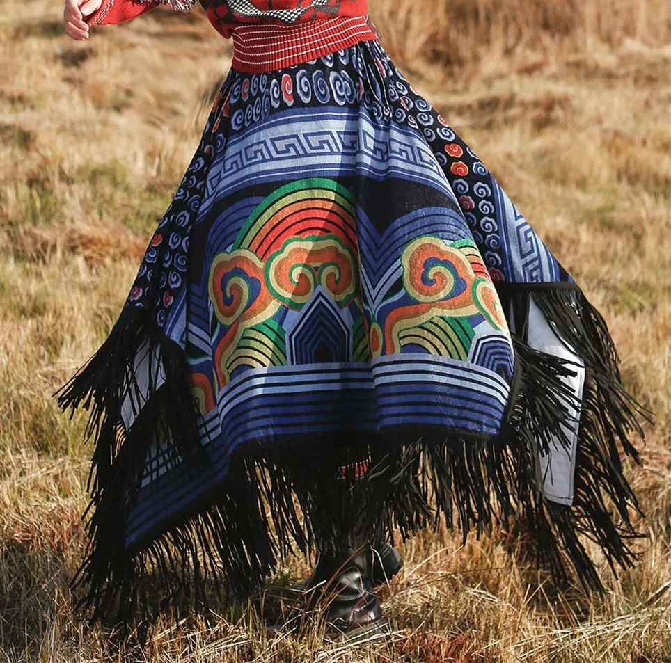 

AutumnWinter Women Vintage National Trend Novelty Personality Print Tassel All-Match Irregular Long Velvet Skirt