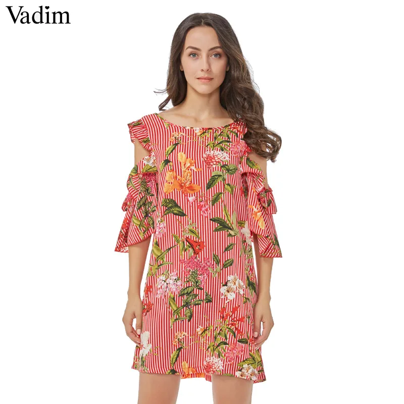 

Vadim women sweet ruffles floral striped dress sexy off shoulder backless short sleeve summer casual dresses vestidos QZ3063
