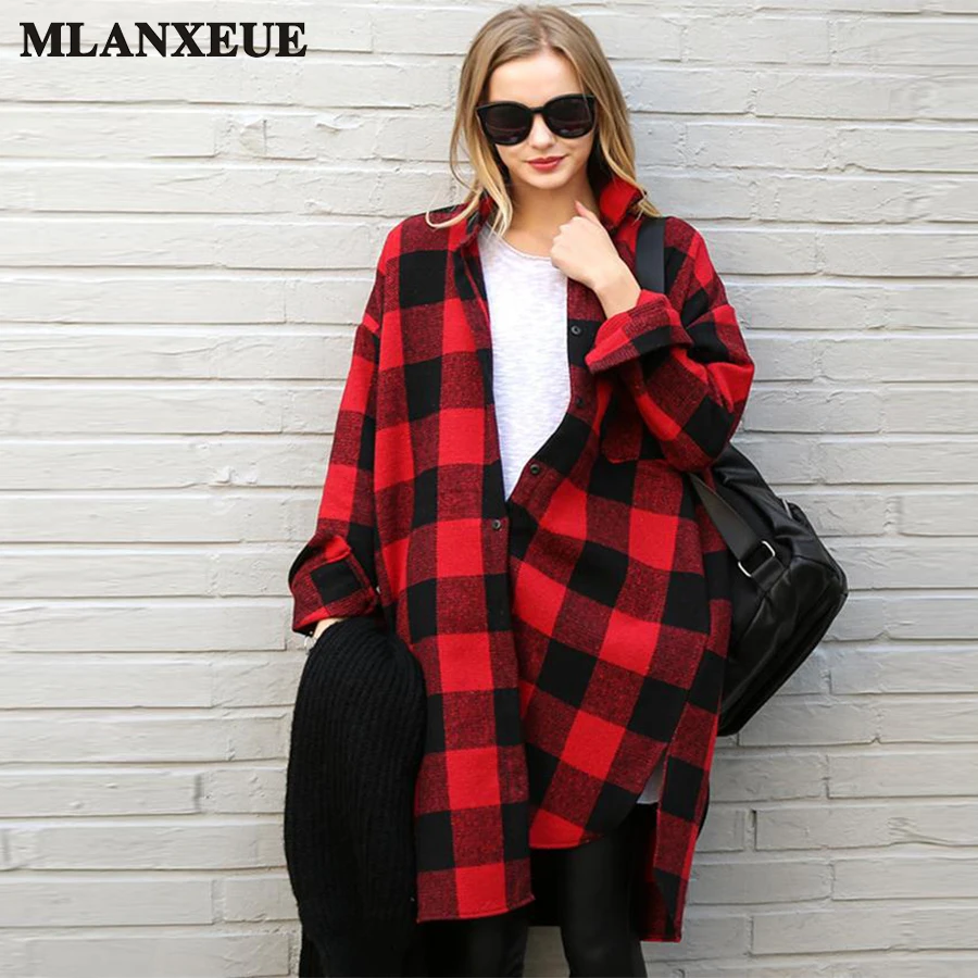Tanie 2018 koreański Red Plaid Bluzka Kobiety W Stylu Vintage Z Długim Rękawem Koszulka Damska Jesień Długa Koszula, Żeński, Moda Kobiet Topy Sweter Ubrania
