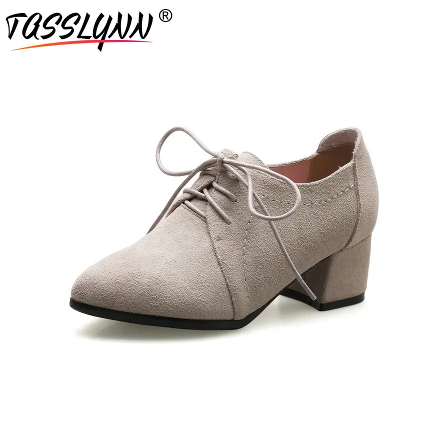 

TASSLYNN 2018 Women Pumps Cow Suede Pointed Toe Lace Up Vintage Women Pumps British Style School Casual Shoes Size 34-43