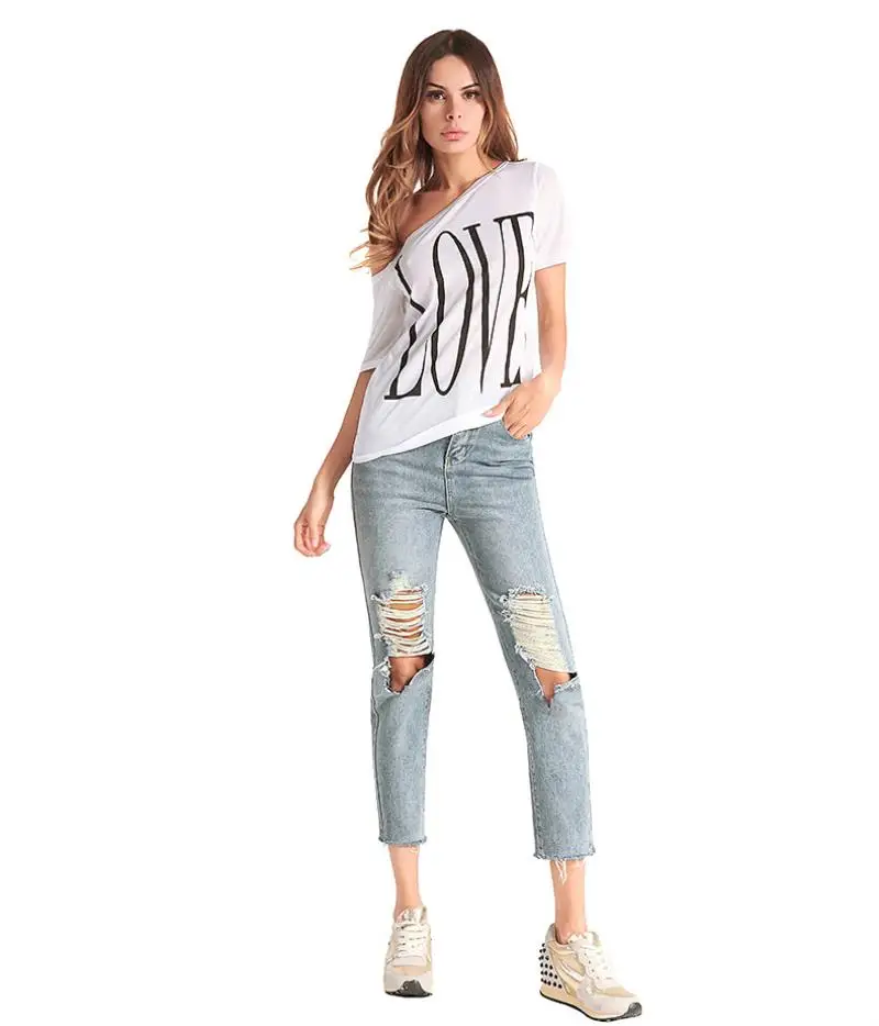 White Female printing T-Shirt Off Shoulder Slash Neck Sexy Top Split Short Sleeve Women's Large Sizes Loose strapless T-shirts