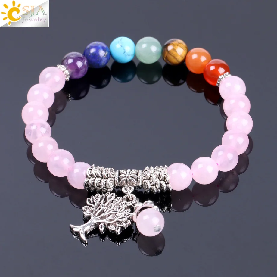 

CSJA Natural Pink Crystal Quartz 7 Chakra Gem Stone Bead Bracelet Tree Pendant Prayer Healing Stretch Bangles Women Jewelry F129