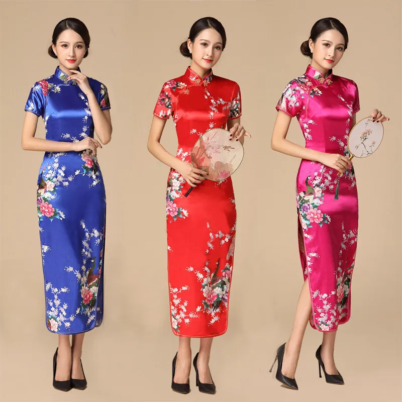 Floral&Peacock Women Traditional Chinese Dress Vintage Mandarin Collar Qipao Oversize Long Slim Cheongsam 3XL 4XL 5XL 6XL