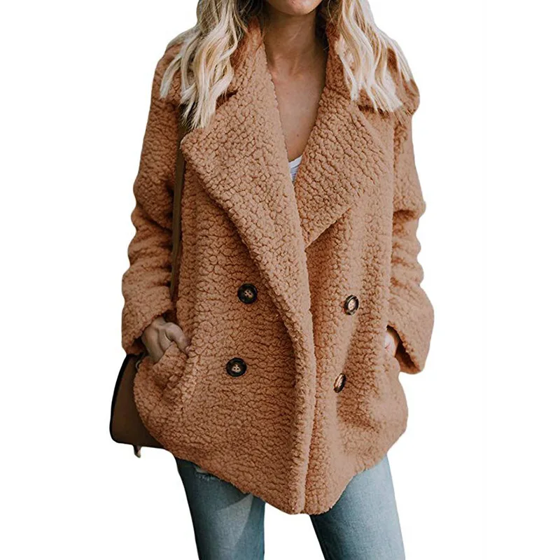 

2018 Autumn Winter Fashion Women Coat Warm Fleece Double Breasted Female Jackets Pockets Lady Suit Solid Overcoat Clothing