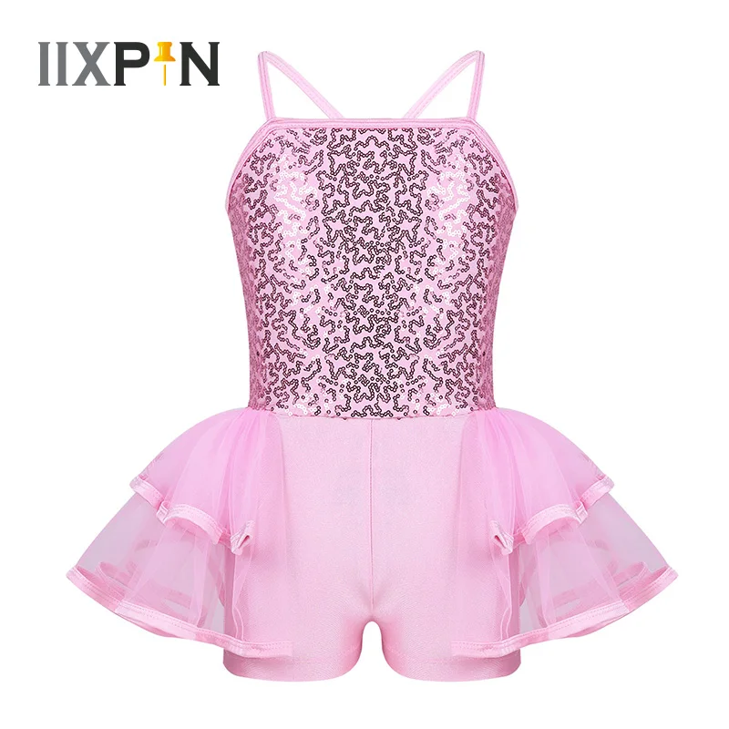 

IIXPN Girls Camisole Ballet Tutu Dress Spaghetti Shoulder Straps Shiny Sequins Dance Costume Tiered Mesh Ballet Leotard Jumpsuit