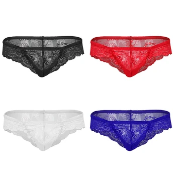 

Mens Breathable Sheer Lace Floral Sissy Bulge Pouch Thong Brief G-string Gay Underwear Knickers