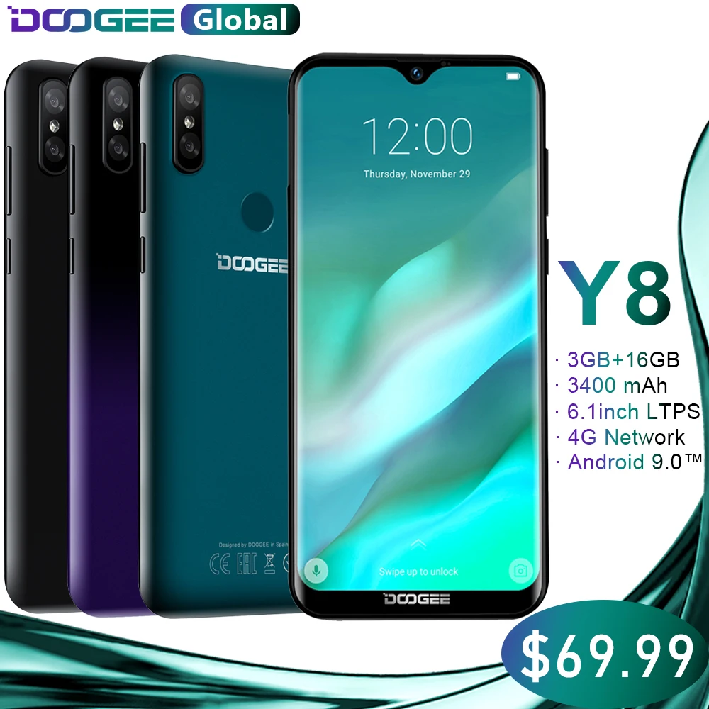 DOOGEE Y8 Smartphone MTK6739 3GB RAM 16GB ROM Android 9.0 FDD LTE 6.1inch 19:9 Waterdrop LTPS Screen 3400mAh Dual SIM 8.0MP Cam